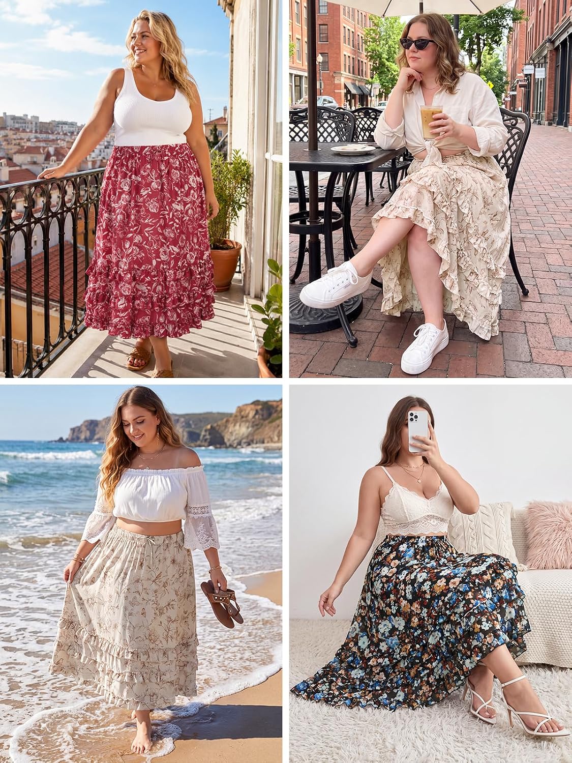 Moon Wood Plus Size Floral Maxi Skirts for Women Long Skirt with Pockets - Floral01