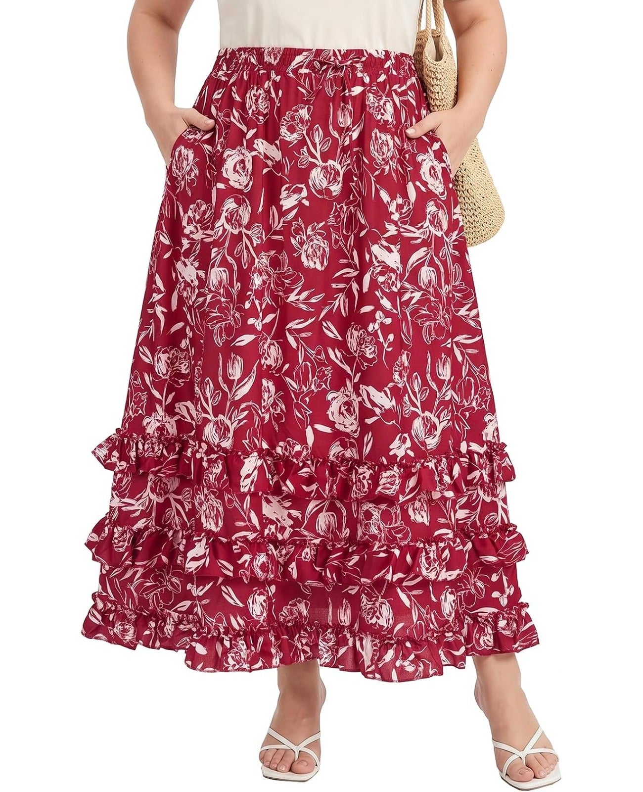 Moon Wood Plus Size Floral Maxi Skirts for Women Long Skirt with Pockets - Floral02