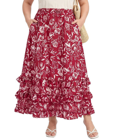 Moon Wood Plus Size Floral Maxi Skirts for Women Long Skirt with Pockets - Floral02