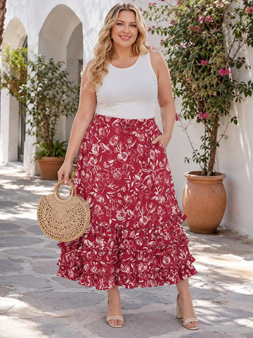 Moon Wood Plus Size Floral Maxi Skirts for Women Long Skirt with Pockets - Floral02