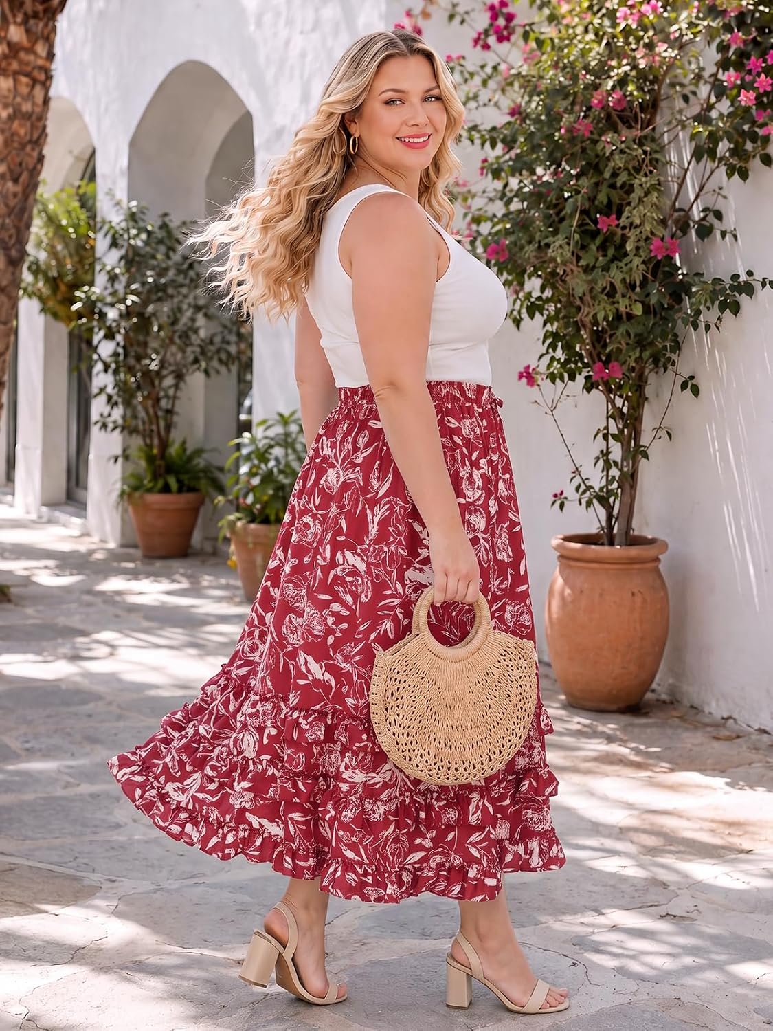 Moon Wood Plus Size Floral Maxi Skirts for Women Long Skirt with Pockets - Floral02