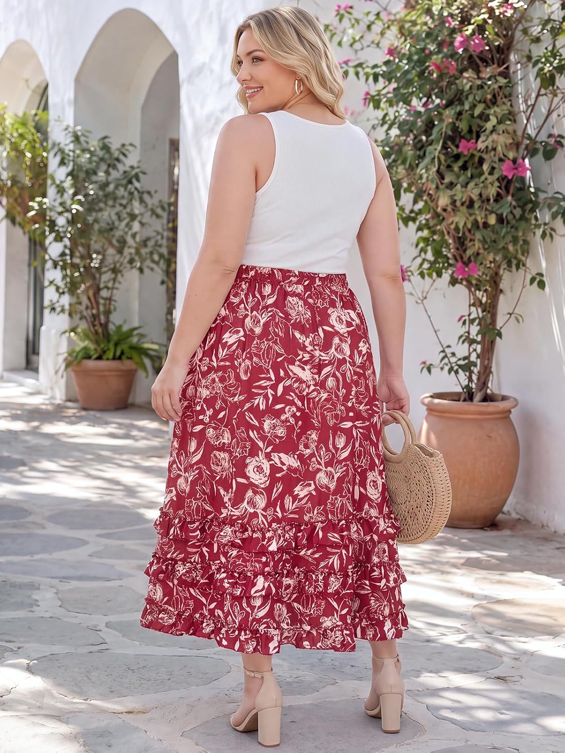 Moon Wood Plus Size Floral Maxi Skirts for Women Long Skirt with Pockets - Floral02