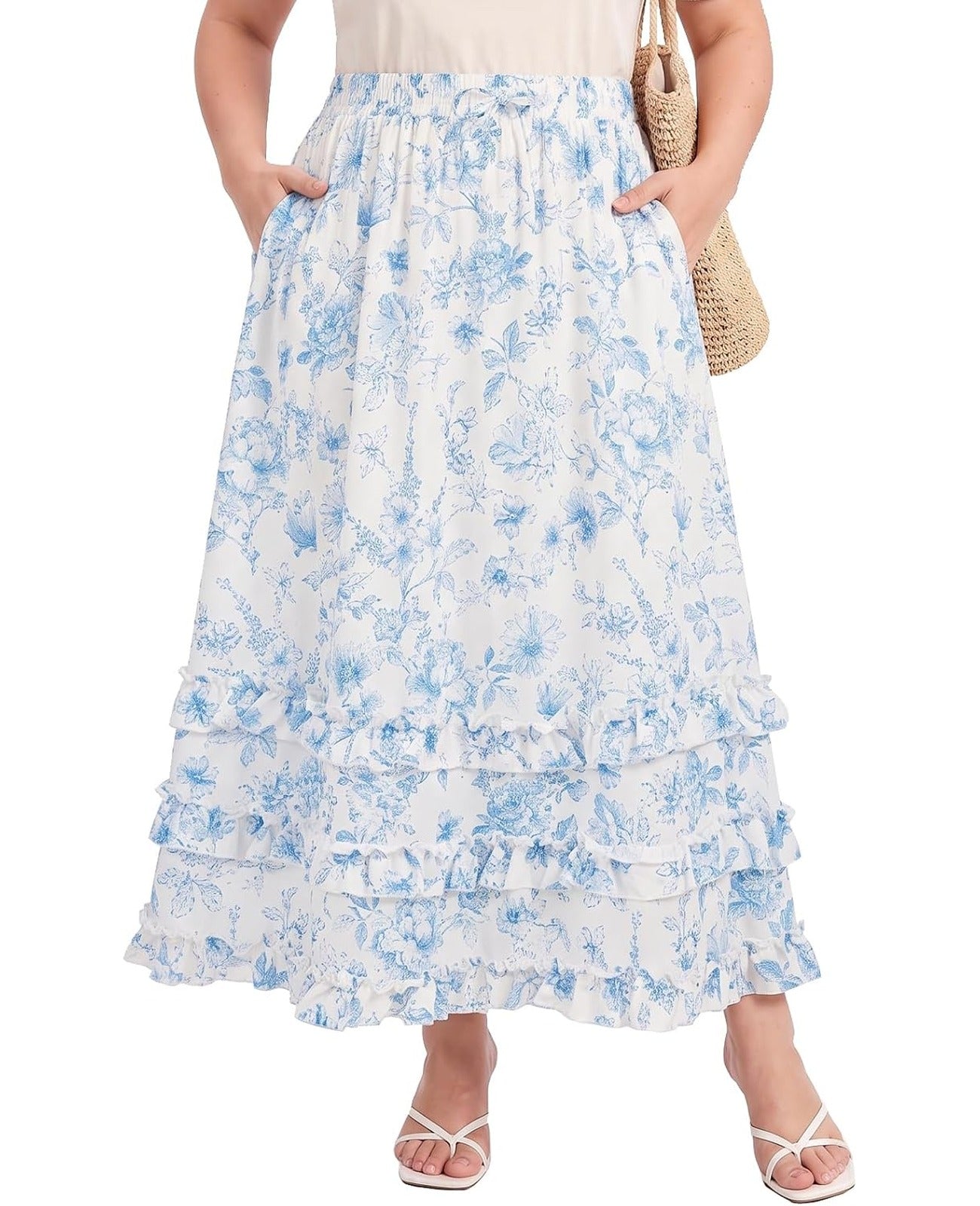 Moon Wood Plus Size Floral Maxi Skirts for Women Long Skirt with Pockets - Floral03