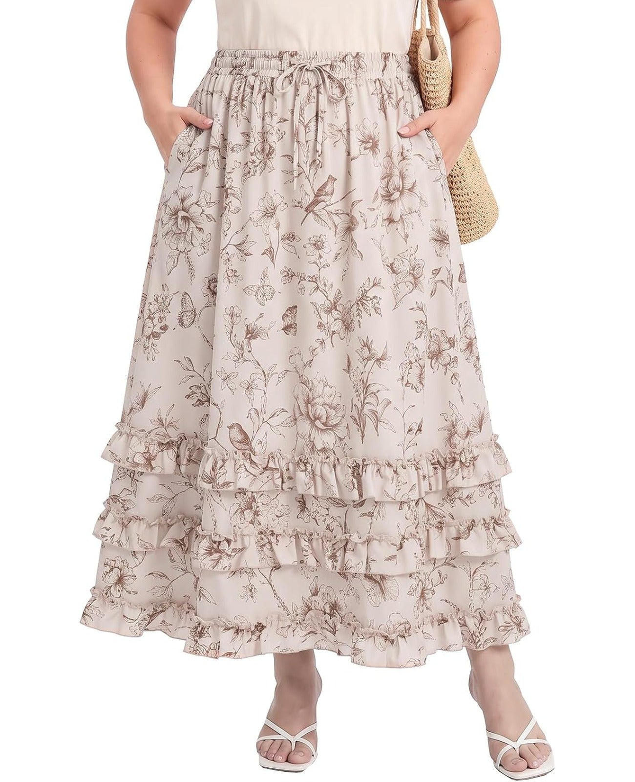 Moon Wood Plus Size Floral Maxi Skirts for Women Long Skirt with Pockets - Floral04