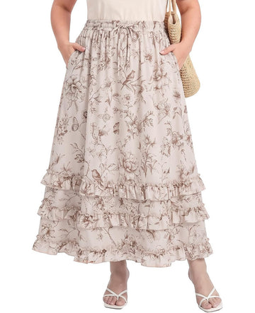 Moon Wood Plus Size Floral Maxi Skirts for Women Long Skirt with Pockets - Floral04