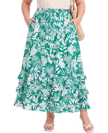 Moon Wood Plus Size Floral Maxi Skirts for Women Long Skirt with Pockets - Floral05