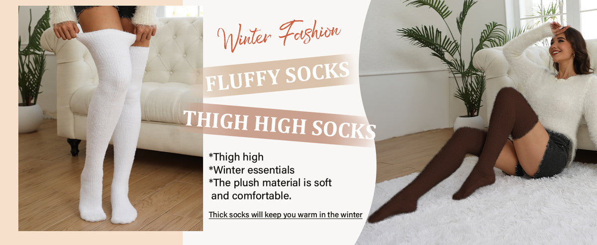 Moon Wood plus size fuzzy thigh high socks fluffy leg warmers - winter fashion