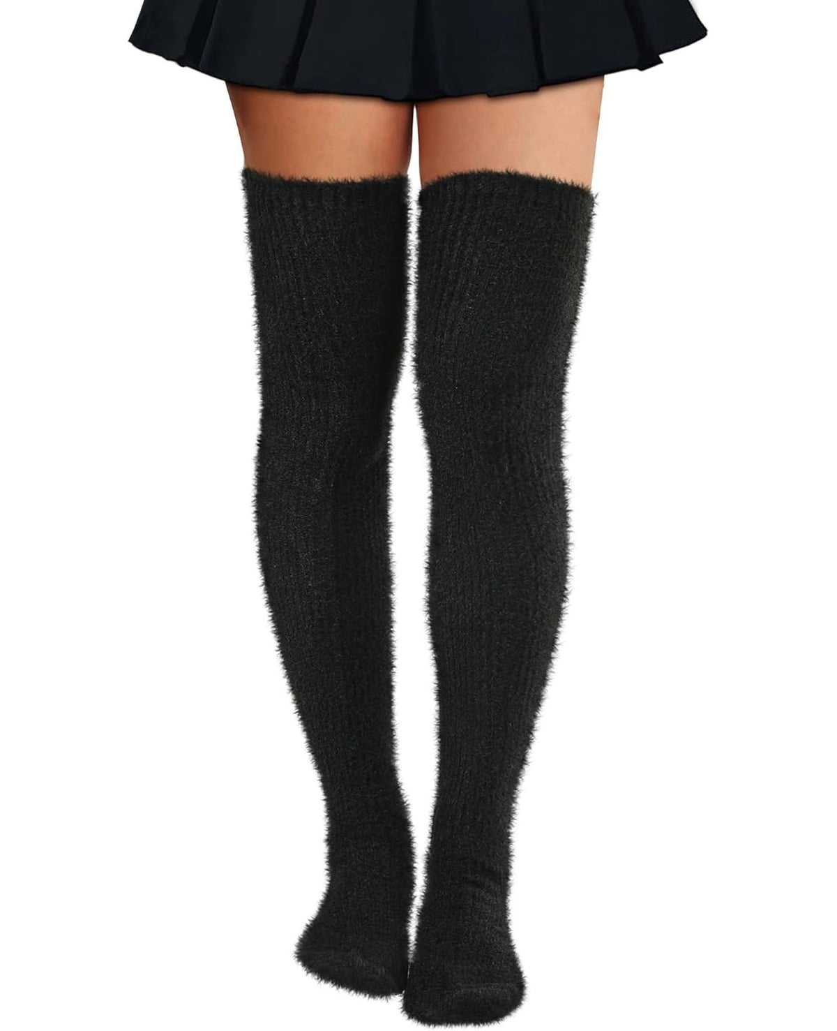 Moon Wood Plus Size Fuzzy Thigh High Socks Fluffy Leg Warmers - Black - view 1