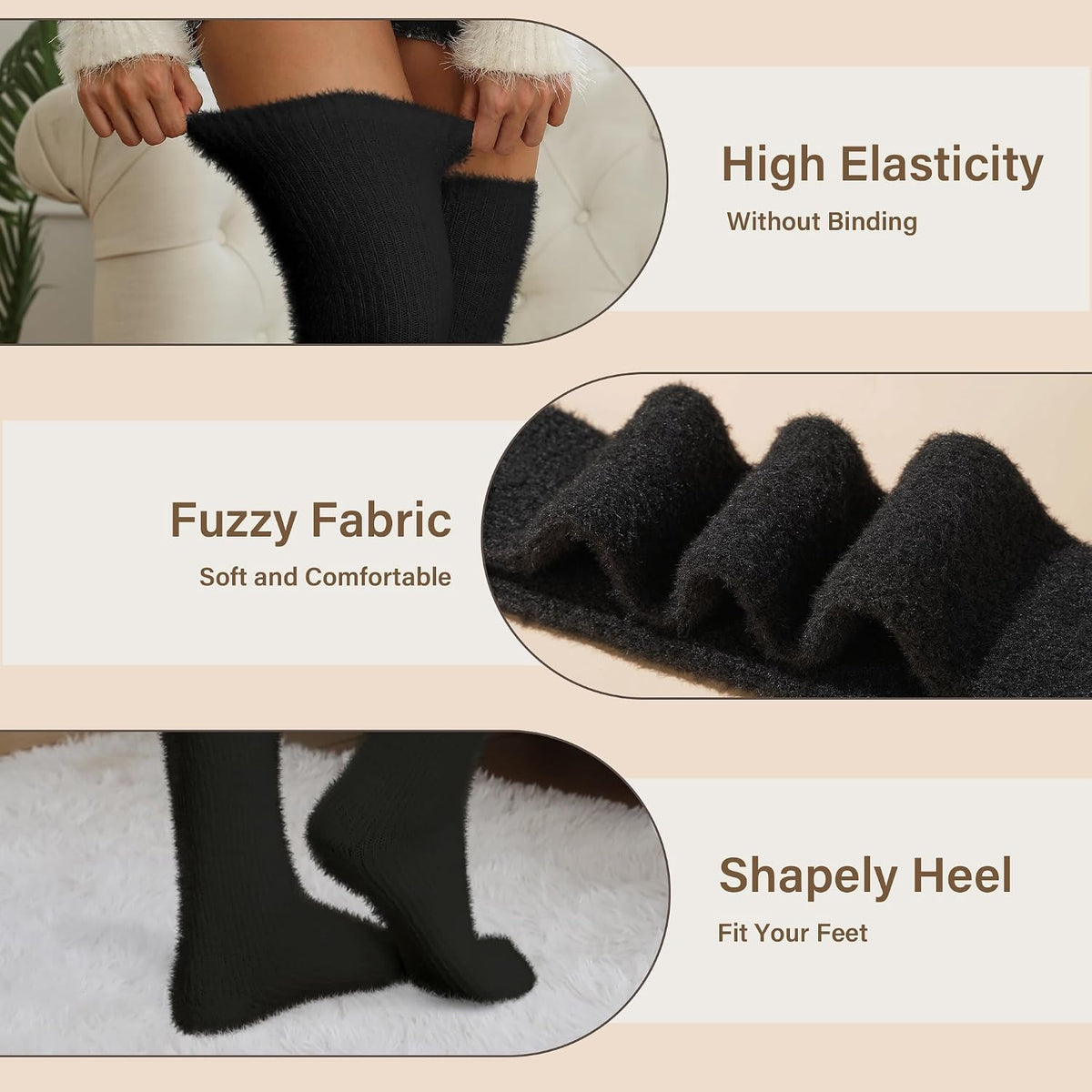 Moon Wood Plus Size Fuzzy Thigh High Socks Fluffy Leg Warmers - Black - view 3