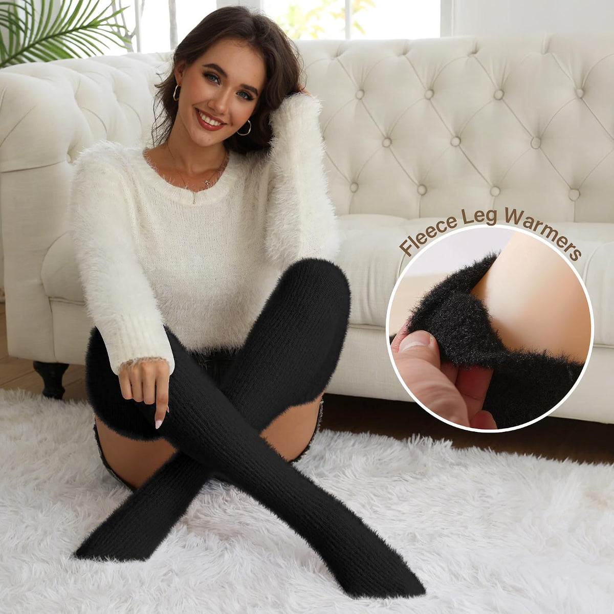 Moon Wood Plus Size Fuzzy Thigh High Socks Fluffy Leg Warmers - Black - view 4