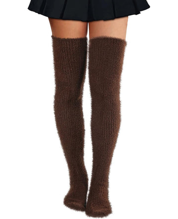 Moon Wood Plus Size Fuzzy Thigh High Socks Fluffy Leg Warmers - Brown - view 1
