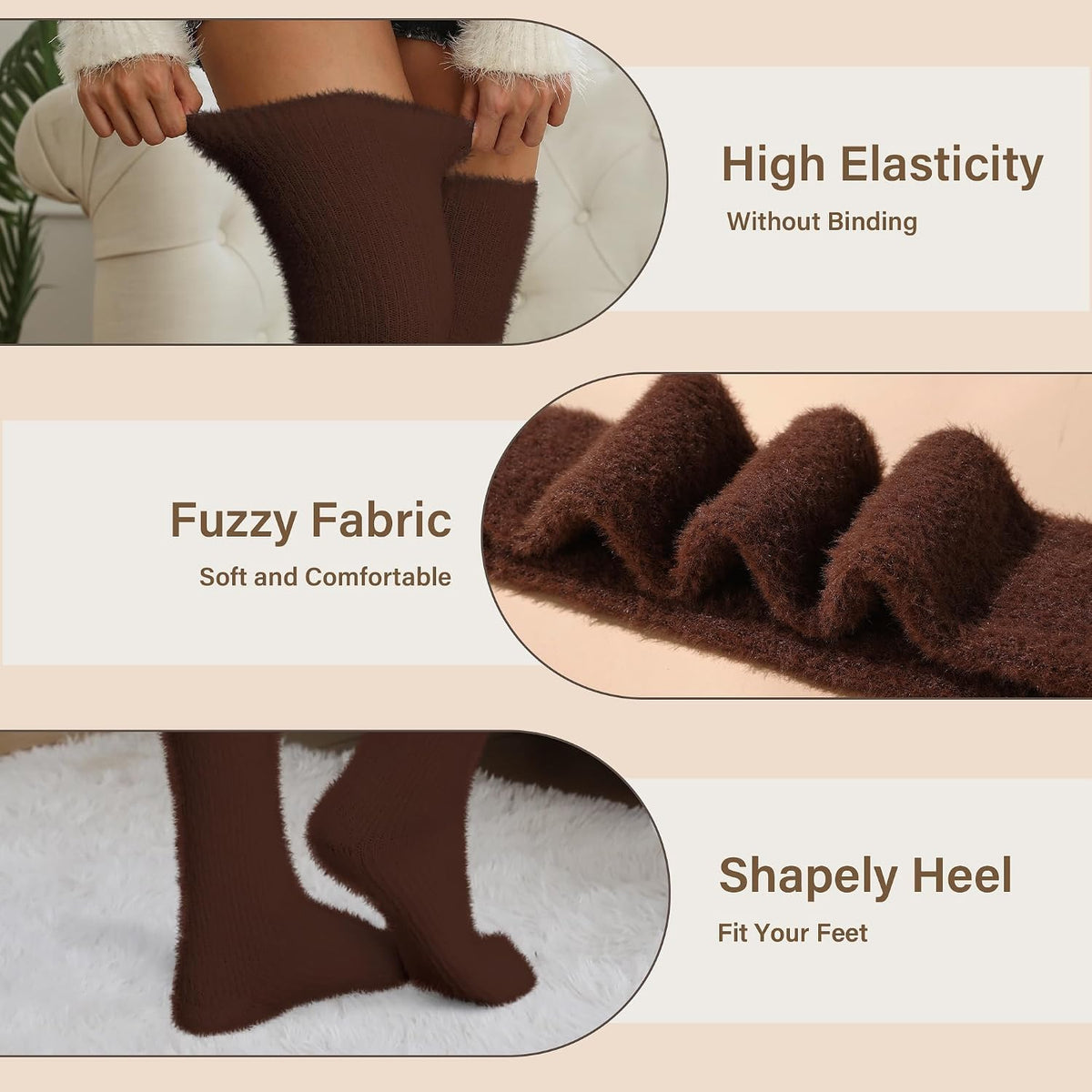 Moon Wood Plus Size Fuzzy Thigh High Socks Fluffy Leg Warmers - Brown - view 3