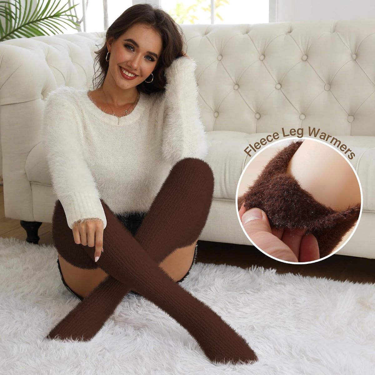 Moon Wood Plus Size Fuzzy Thigh High Socks Fluffy Leg Warmers - Brown - view 4