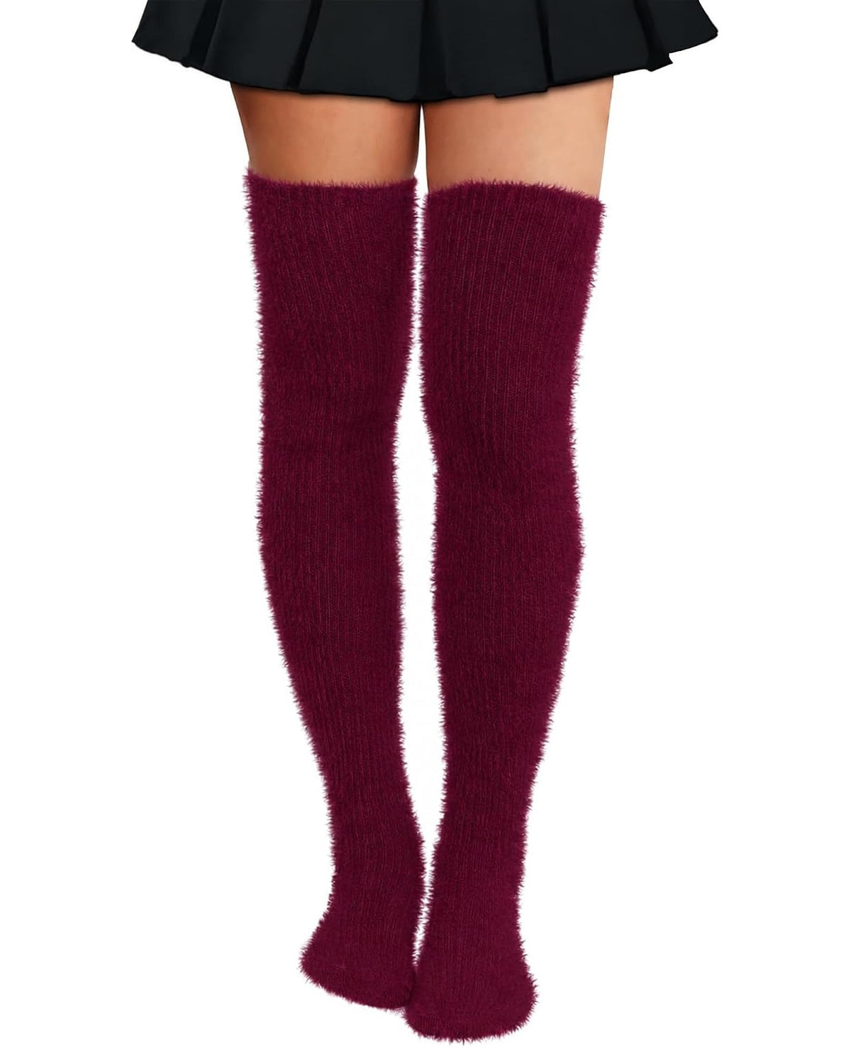 Moon Wood Plus Size Fuzzy Thigh High Socks Fluffy Leg Warmers - Burgundy - view 1