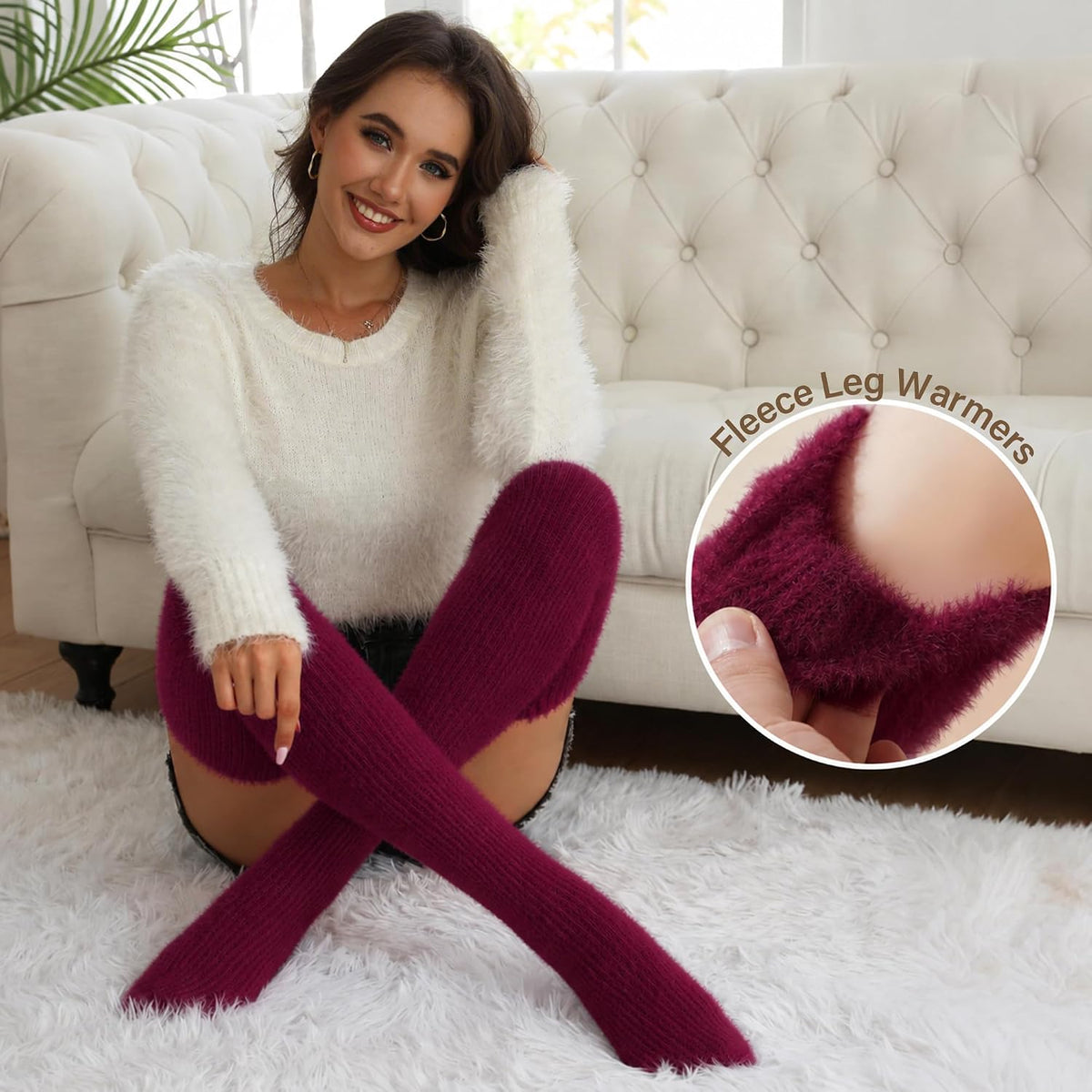 Moon Wood Plus Size Fuzzy Thigh High Socks Fluffy Leg Warmers - Burgundy - view 5