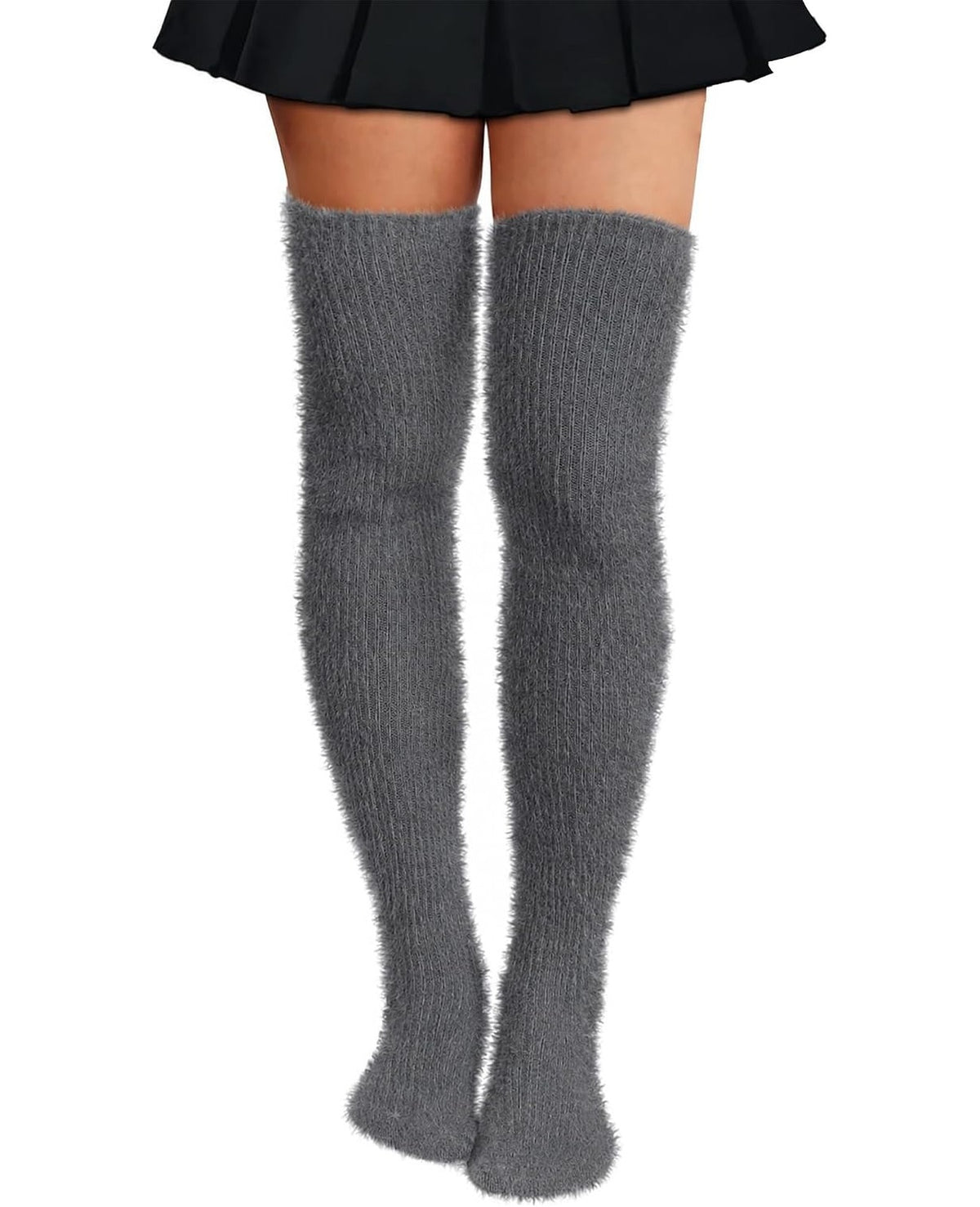 Moon Wood Plus Size Fuzzy Thigh High Socks Fluffy Leg Warmers - Grey - view 1