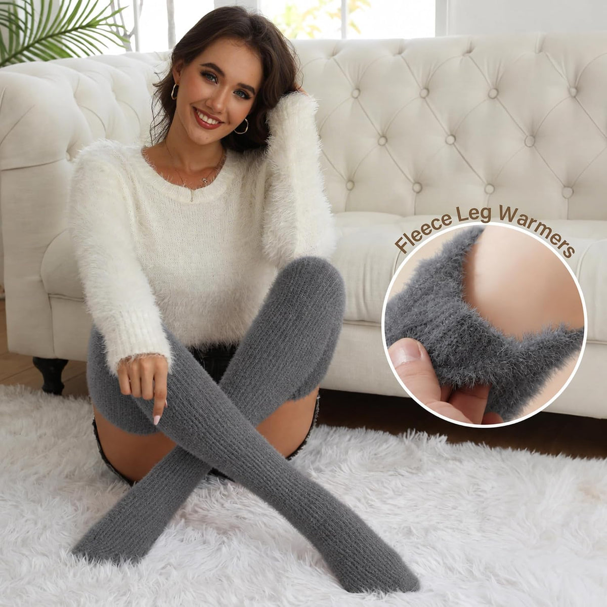 Moon Wood Plus Size Fuzzy Thigh High Socks Fluffy Leg Warmers - Grey - view 5