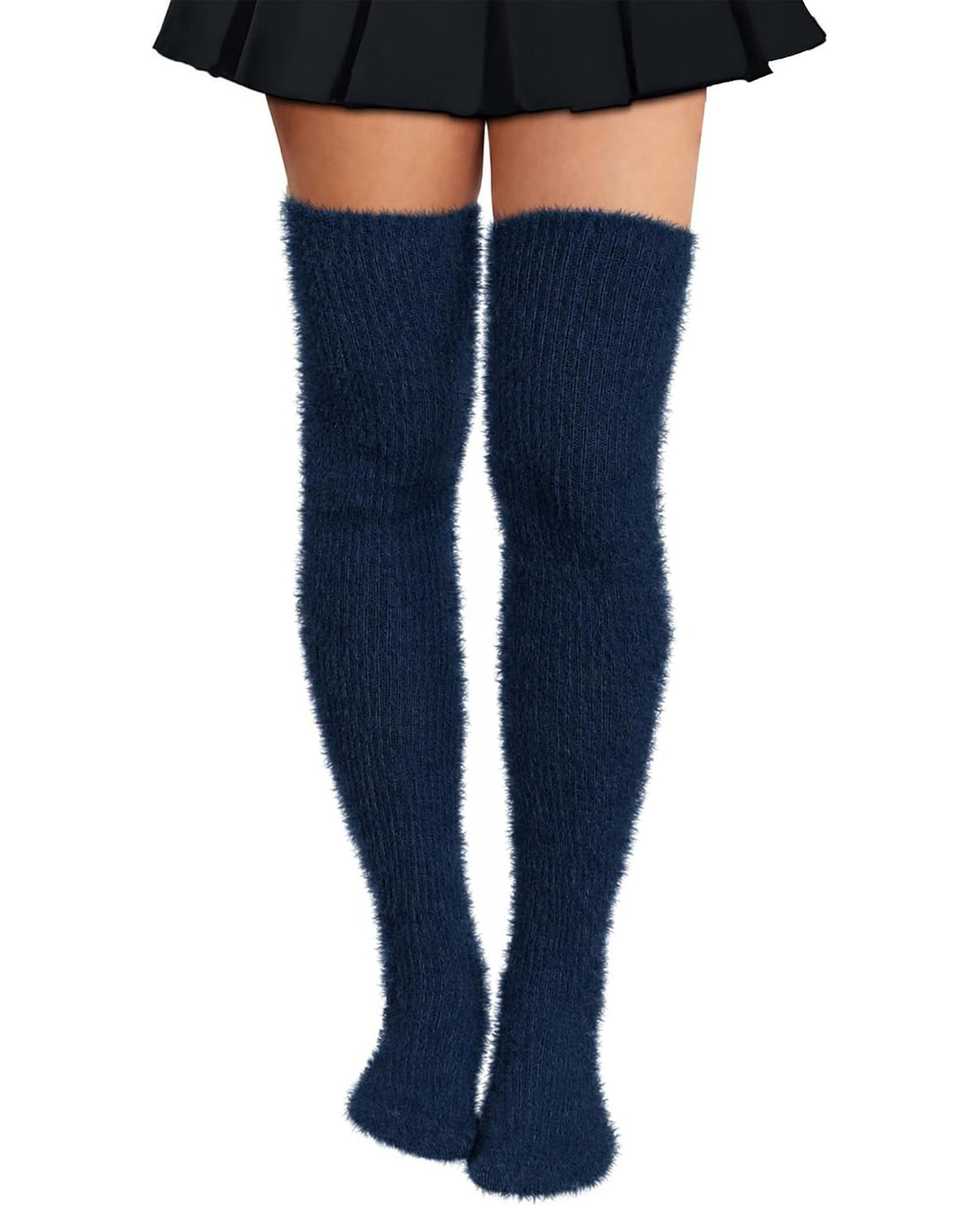 Moon Wood Plus Size Fuzzy Thigh High Socks Fluffy Leg Warmers - Navy - view 1