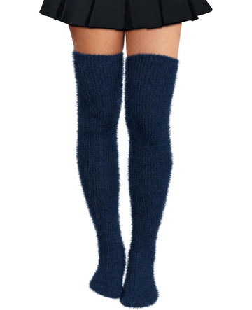 Moon Wood Plus Size Fuzzy Thigh High Socks Fluffy Leg Warmers - Navy - view 1