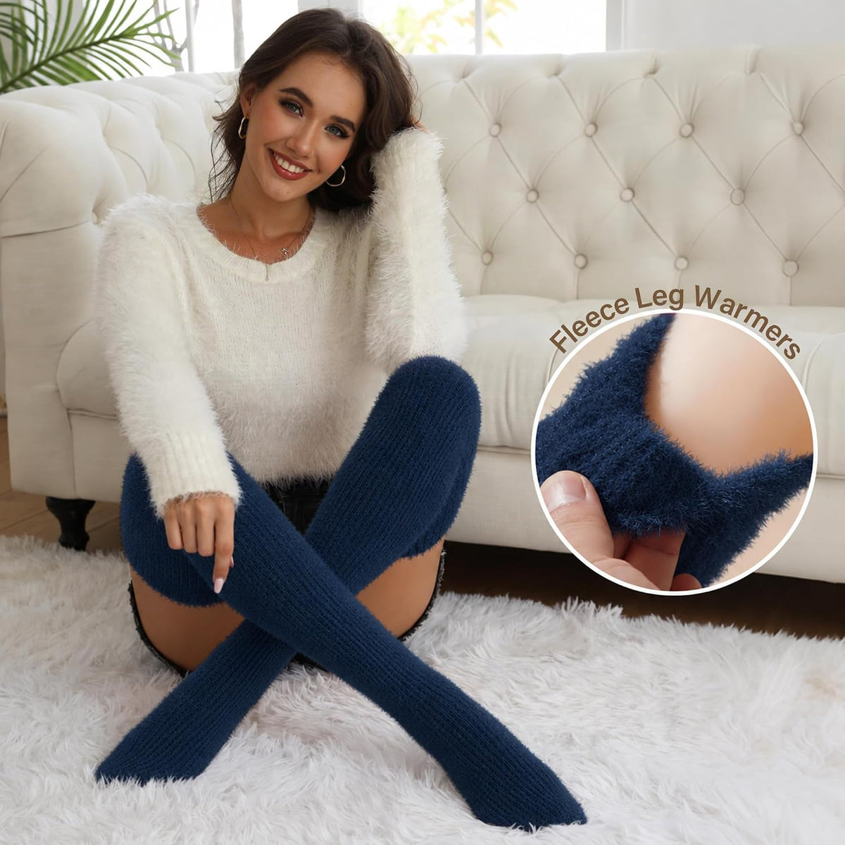 Moon Wood Plus Size Fuzzy Thigh High Socks Fluffy Leg Warmers - Navy - view 5