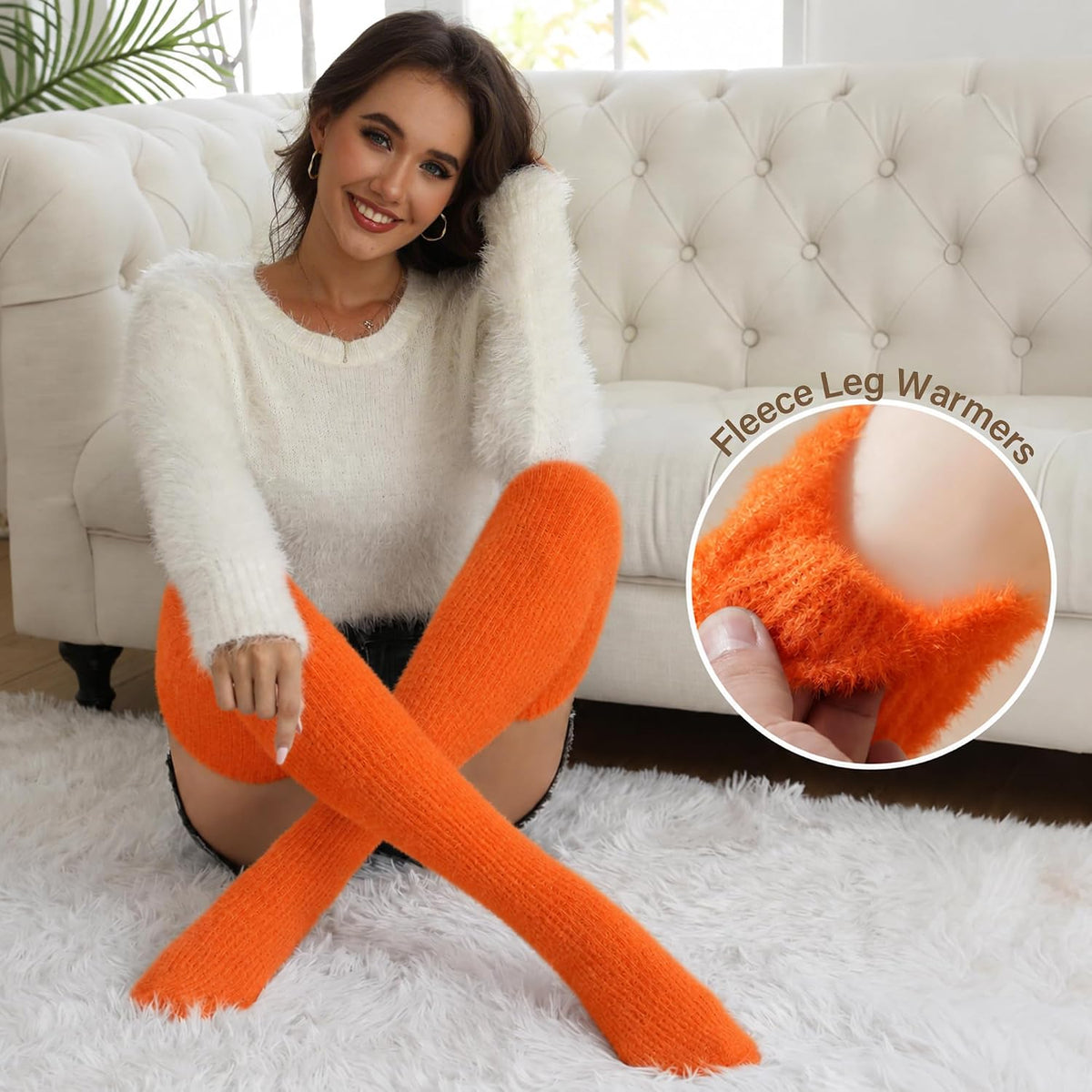Moon Wood Plus Size Fuzzy Thigh High Socks Fluffy Leg Warmers - Pumpkin - view 5