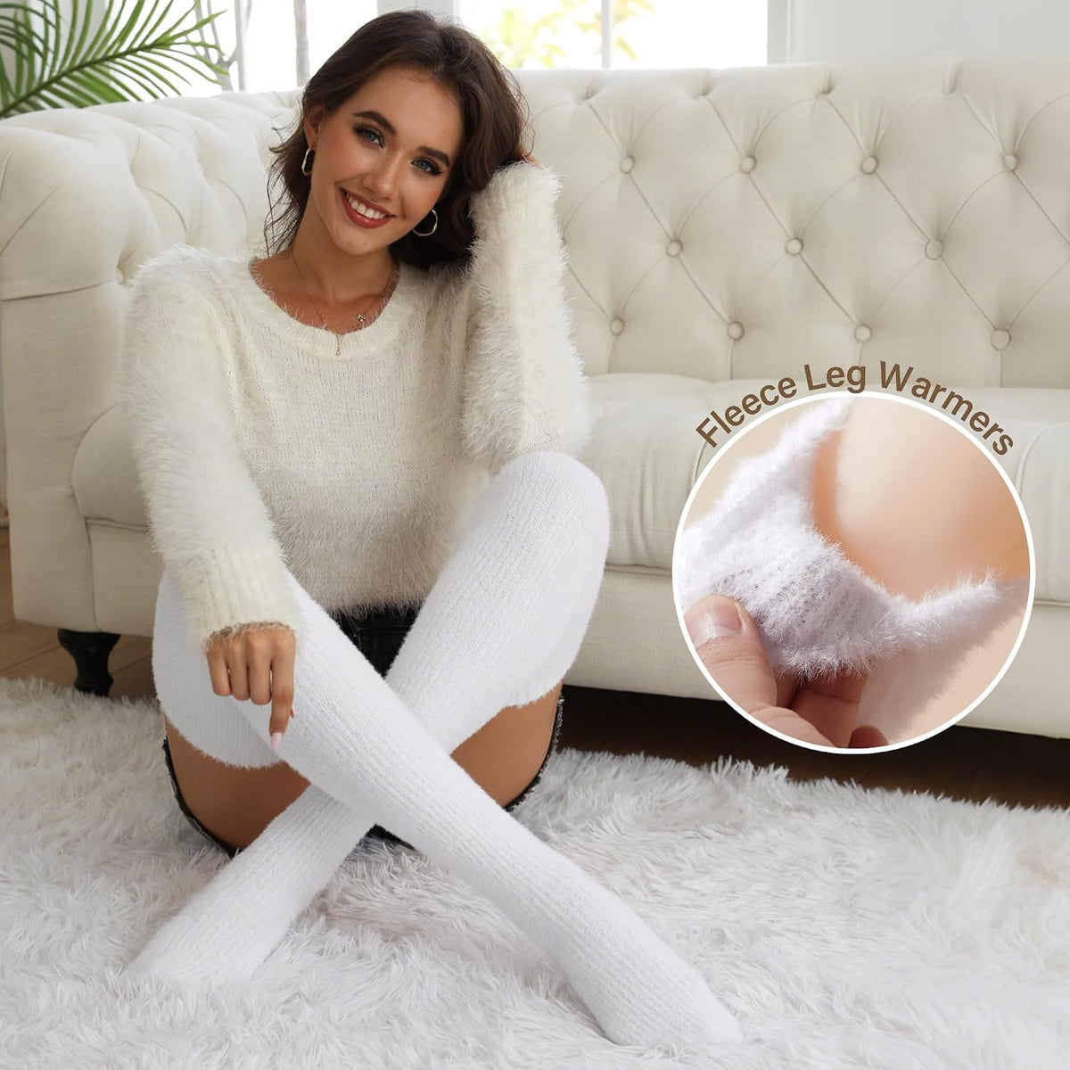 Moon Wood Plus Size Fuzzy Thigh High Socks Fluffy Leg Warmers - White - view 4