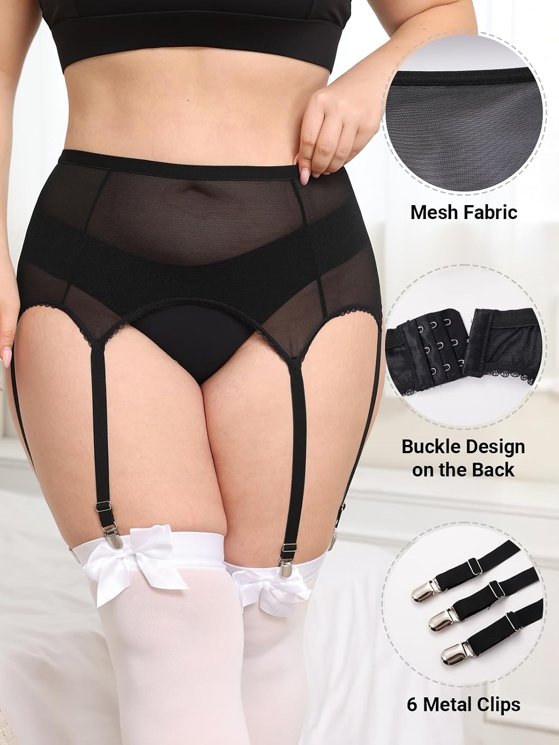 Moon Wood Plus Size Black Garter Belt with 6 Metal Clips - view 4