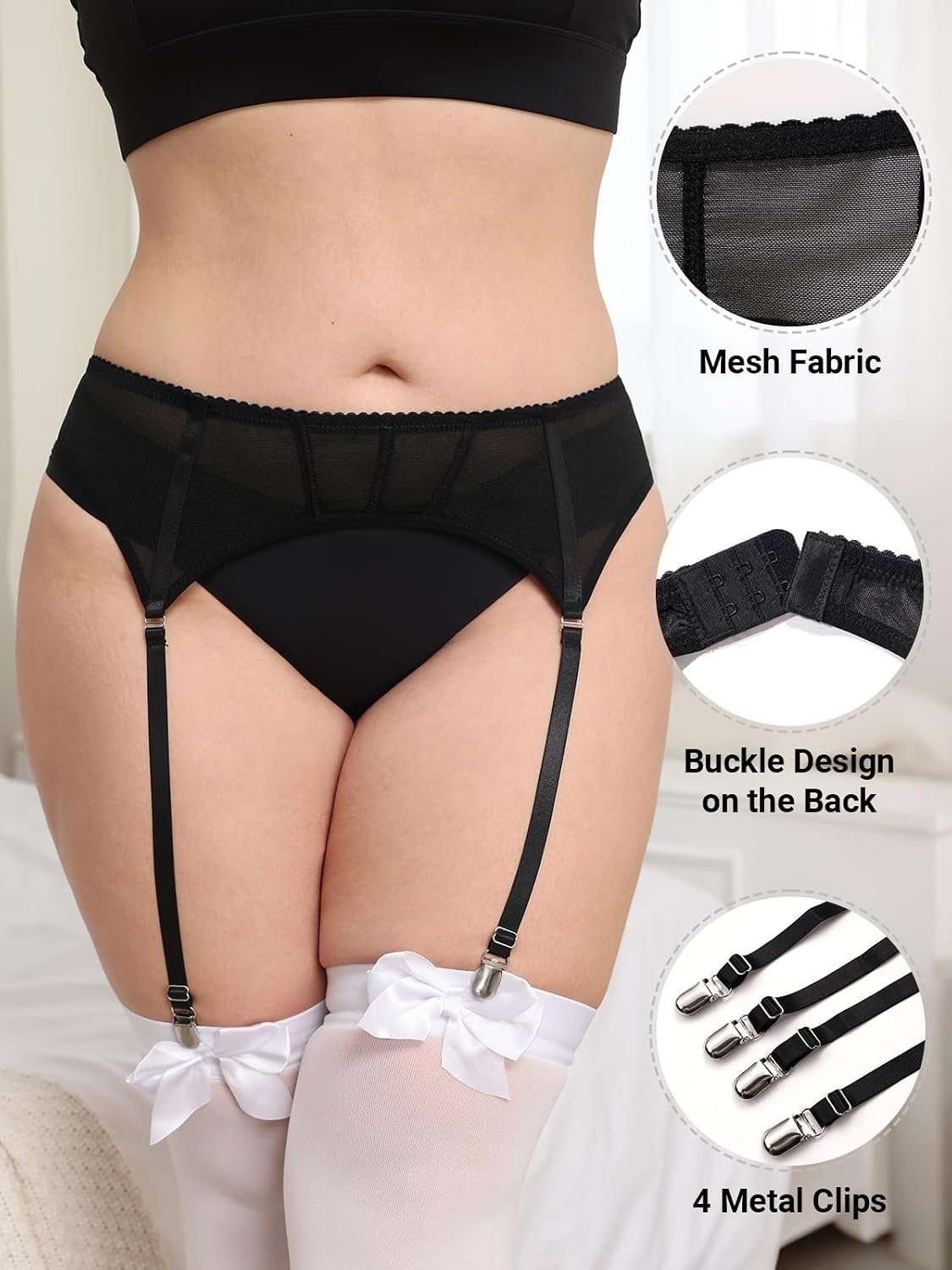 Moon Wood Plus Size Black Garter Belt Suspender with 4 Metal Clips - view 4