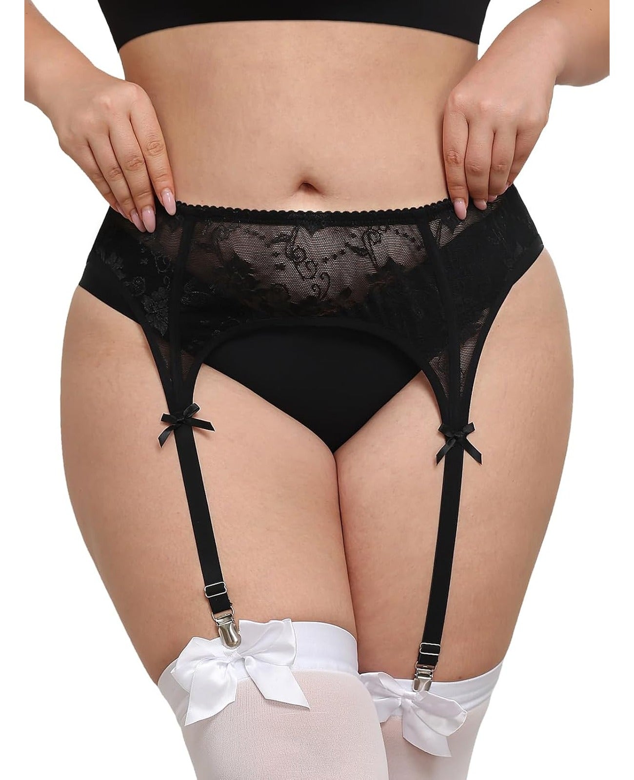 Moon Wood Plus Size Black Lace Bow Garter Belt - view 1