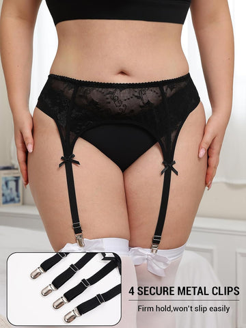 Moon Wood Plus Size Black Lace Bow Garter Belt - view 2