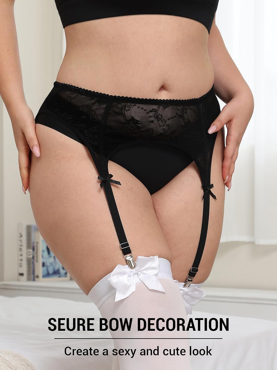 Moon Wood Plus Size Black Lace Bow Garter Belt - view 4
