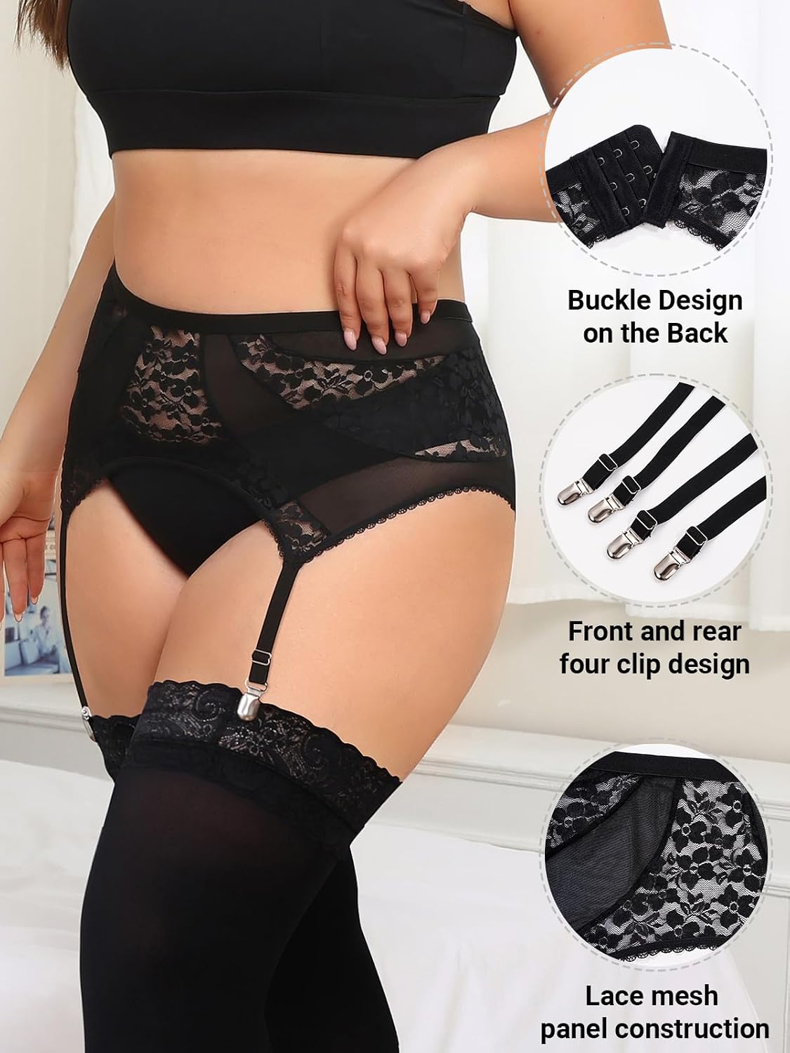 Moon Wood Plus Size Black Lace Mesh Garter Belt - view 4