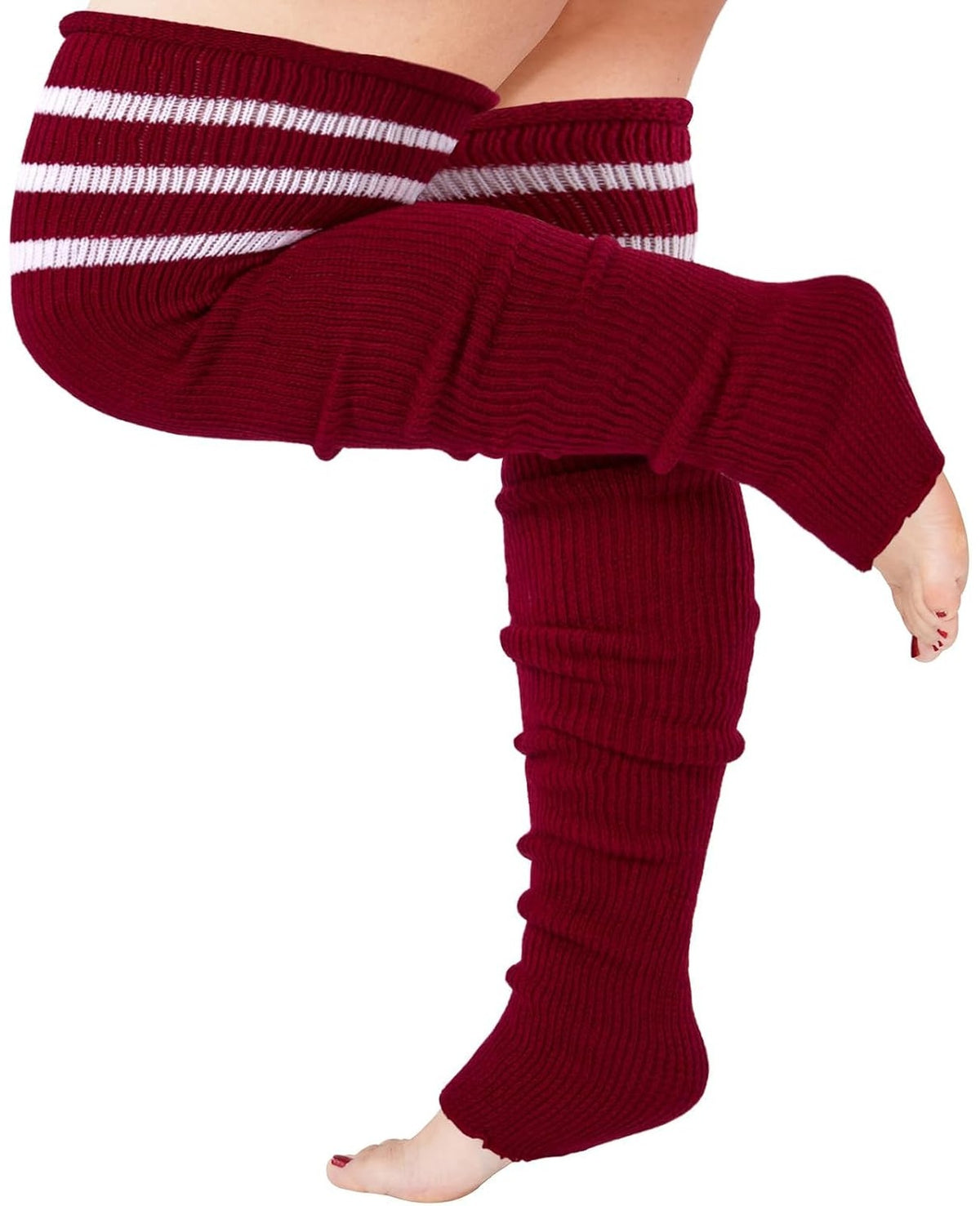 Moon Wood Plus Size Leg Warmers for Women Long Knit Over Knee - Burgundy & White - view 1