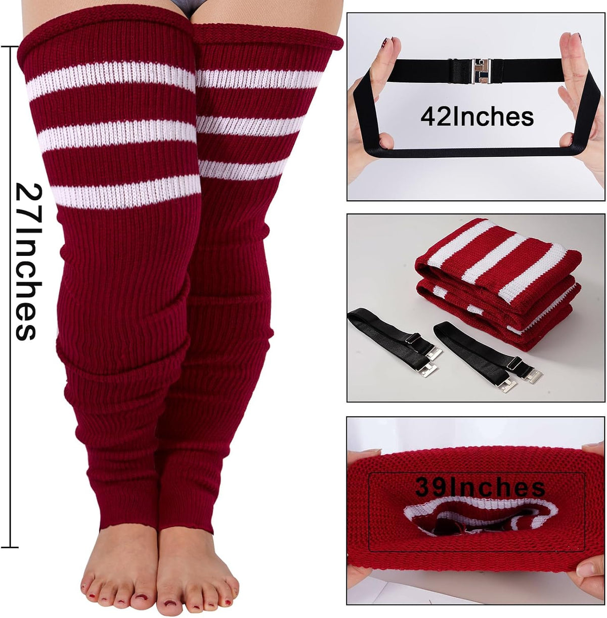Moon Wood Plus Size Leg Warmers for Women Long Knit Over Knee - Burgundy & White - view 2