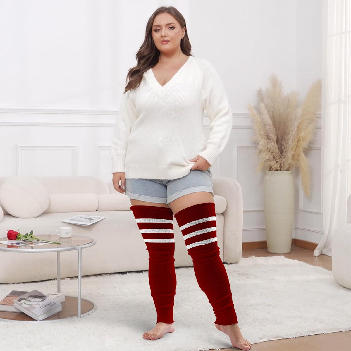Moon Wood Plus Size Leg Warmers for Women Long Knit Over Knee - Burgundy & White - view 5