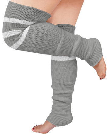 Moon Wood Plus Size Leg Warmers for Women Long Knit Over Knee - Grey & White - view 1