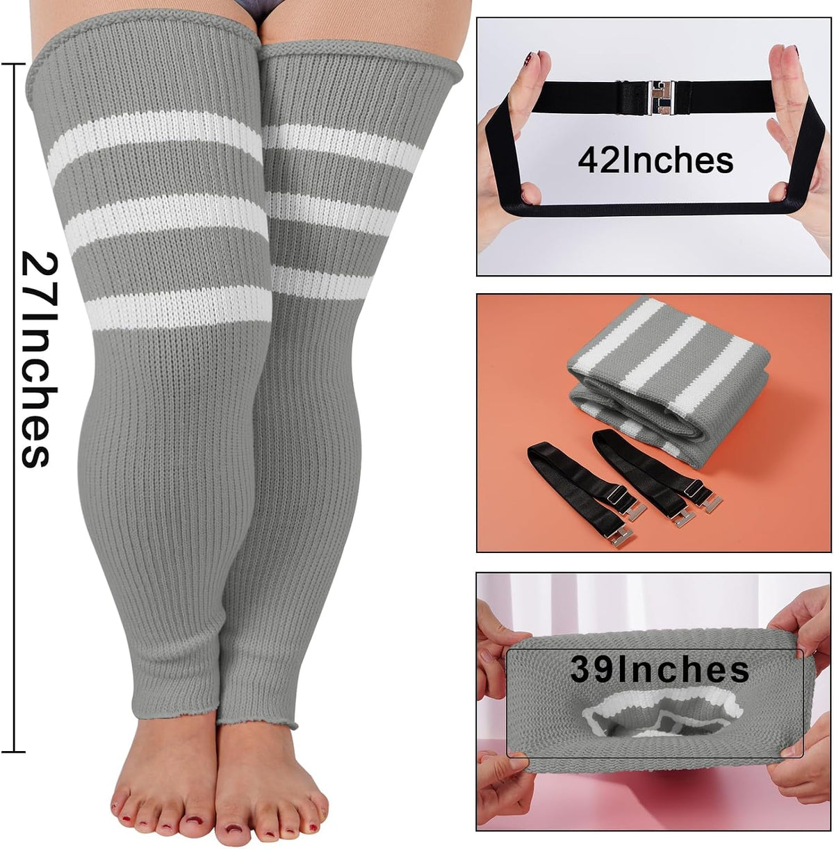 Moon Wood Plus Size Leg Warmers for Women Long Knit Over Knee - Grey & White - view 2