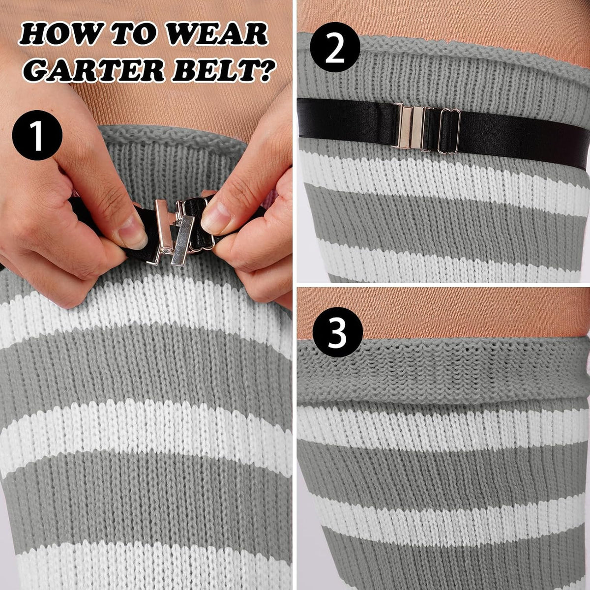 Moon Wood Plus Size Leg Warmers for Women Long Knit Over Knee - Grey & White - view 3