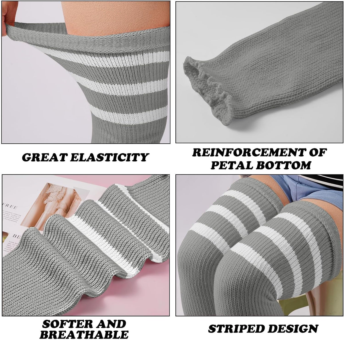 Moon Wood Plus Size Leg Warmers for Women Long Knit Over Knee - Grey & White - view 4
