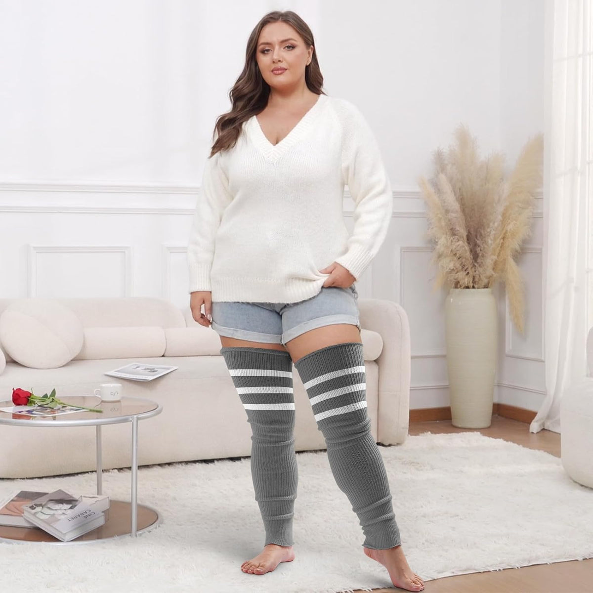 Moon Wood Plus Size Leg Warmers for Women Long Knit Over Knee - Grey & White - view 5