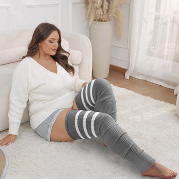 Moon Wood Plus Size Leg Warmers for Women Long Knit Over Knee - Grey & White - view 6