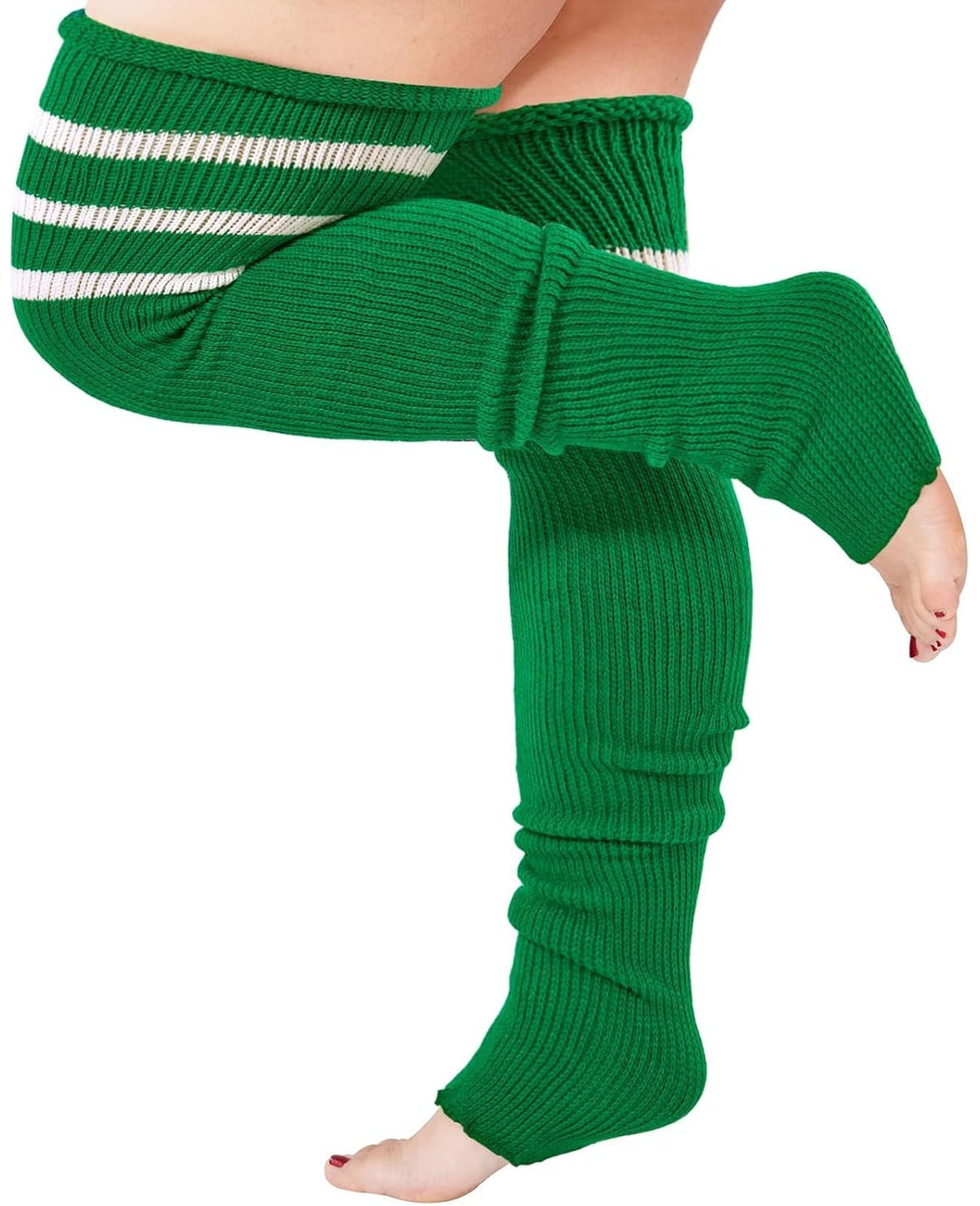 Moon Wood Plus Size Leg Warmers for Women Long Knit Over Knee - Light Emerald & White - view 1