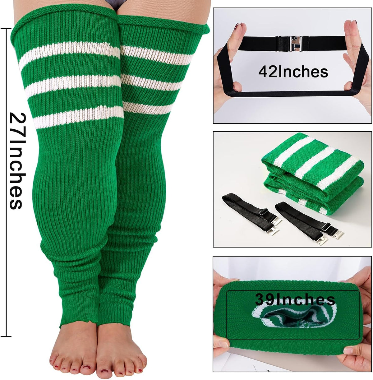 Moon Wood Plus Size Leg Warmers for Women Long Knit Over Knee - Light Emerald & White - view 2