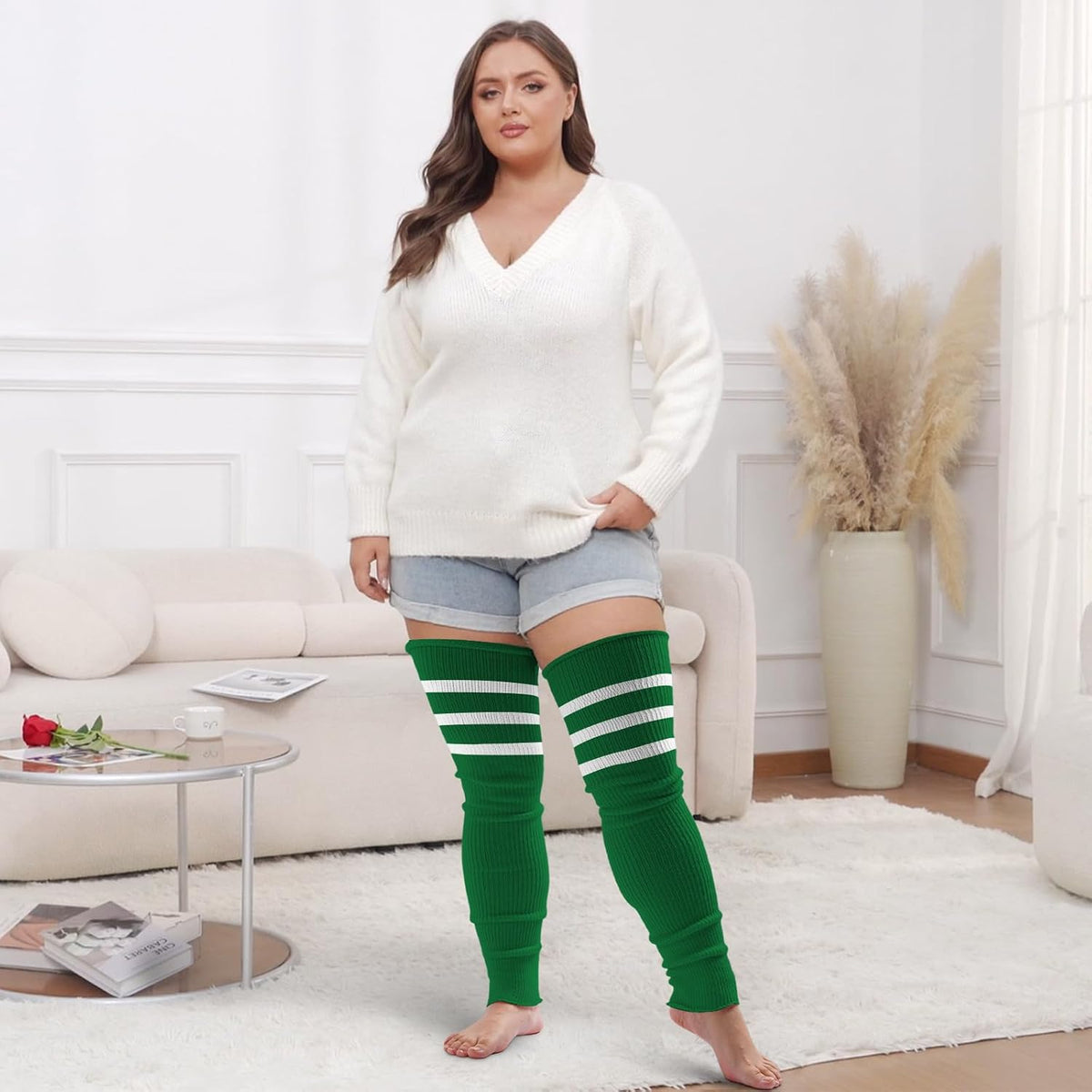 Moon Wood Plus Size Leg Warmers for Women Long Knit Over Knee - Light Emerald & White - view 5