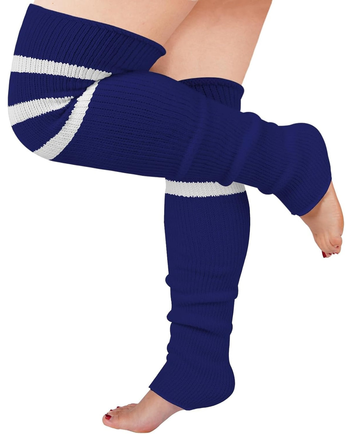 Moon Wood Plus Size Leg Warmers for Women Long Knit Over Knee - Navy & White - view 1