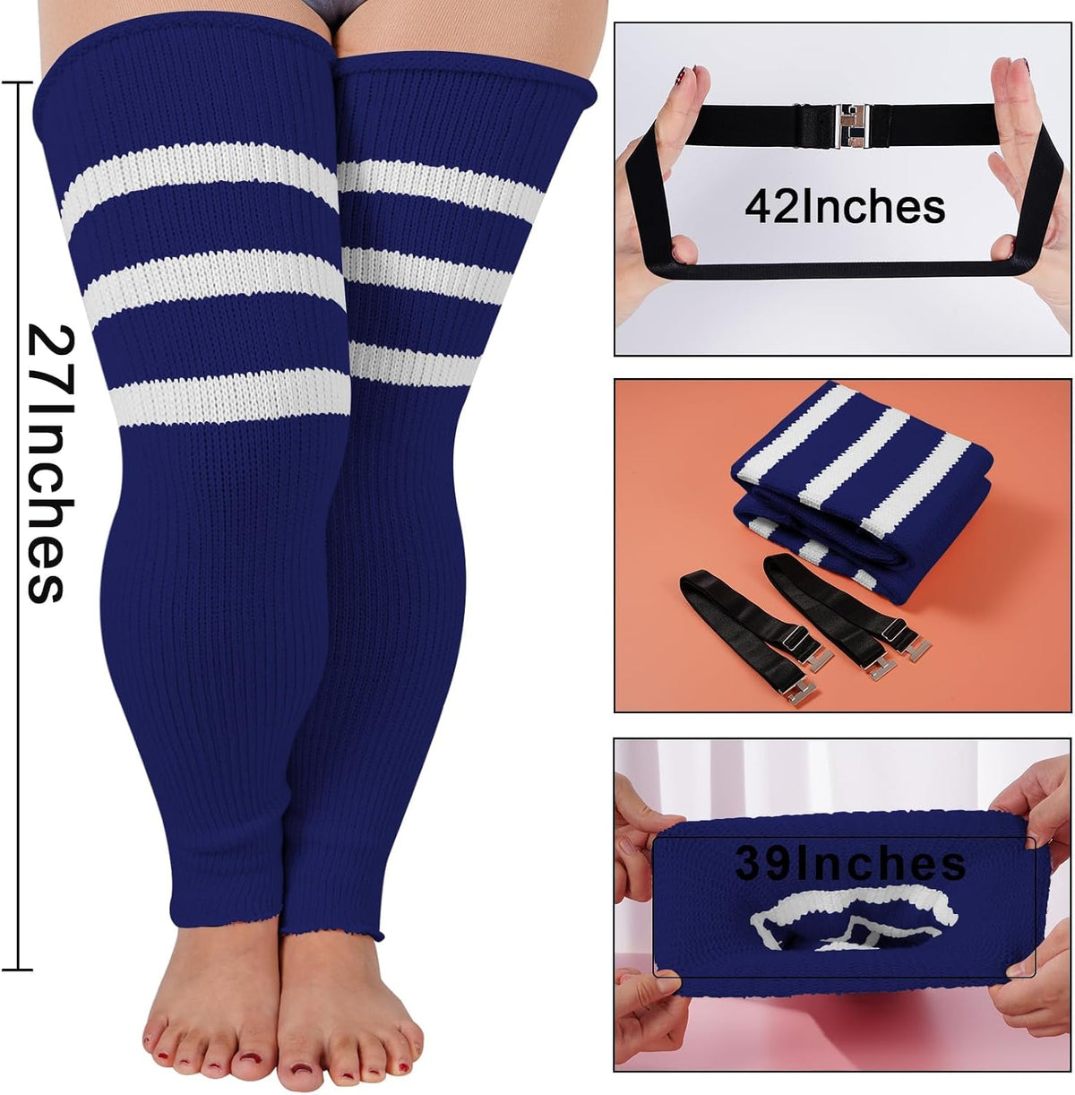 Moon Wood Plus Size Leg Warmers for Women Long Knit Over Knee - Navy & White - view 2