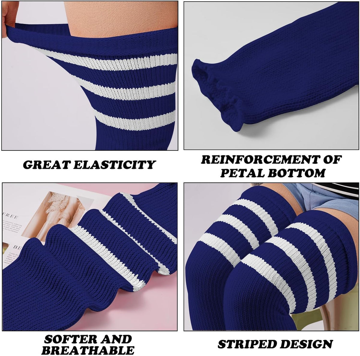 Moon Wood Plus Size Leg Warmers for Women Long Knit Over Knee - Navy & White - view 4