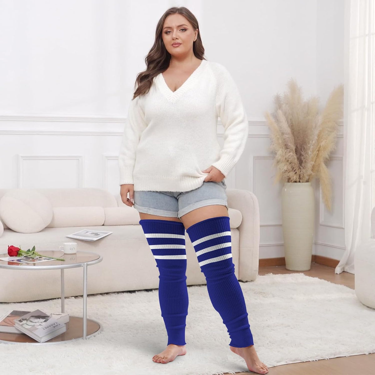 Moon Wood Plus Size Leg Warmers for Women Long Knit Over Knee - Navy & White - view 5