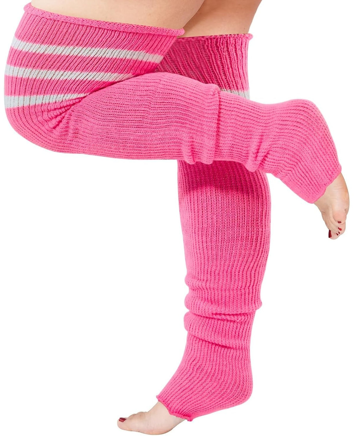 Moon Wood Plus Size Leg Warmers for Women Long Knit Over Knee - Pink & White - view 1