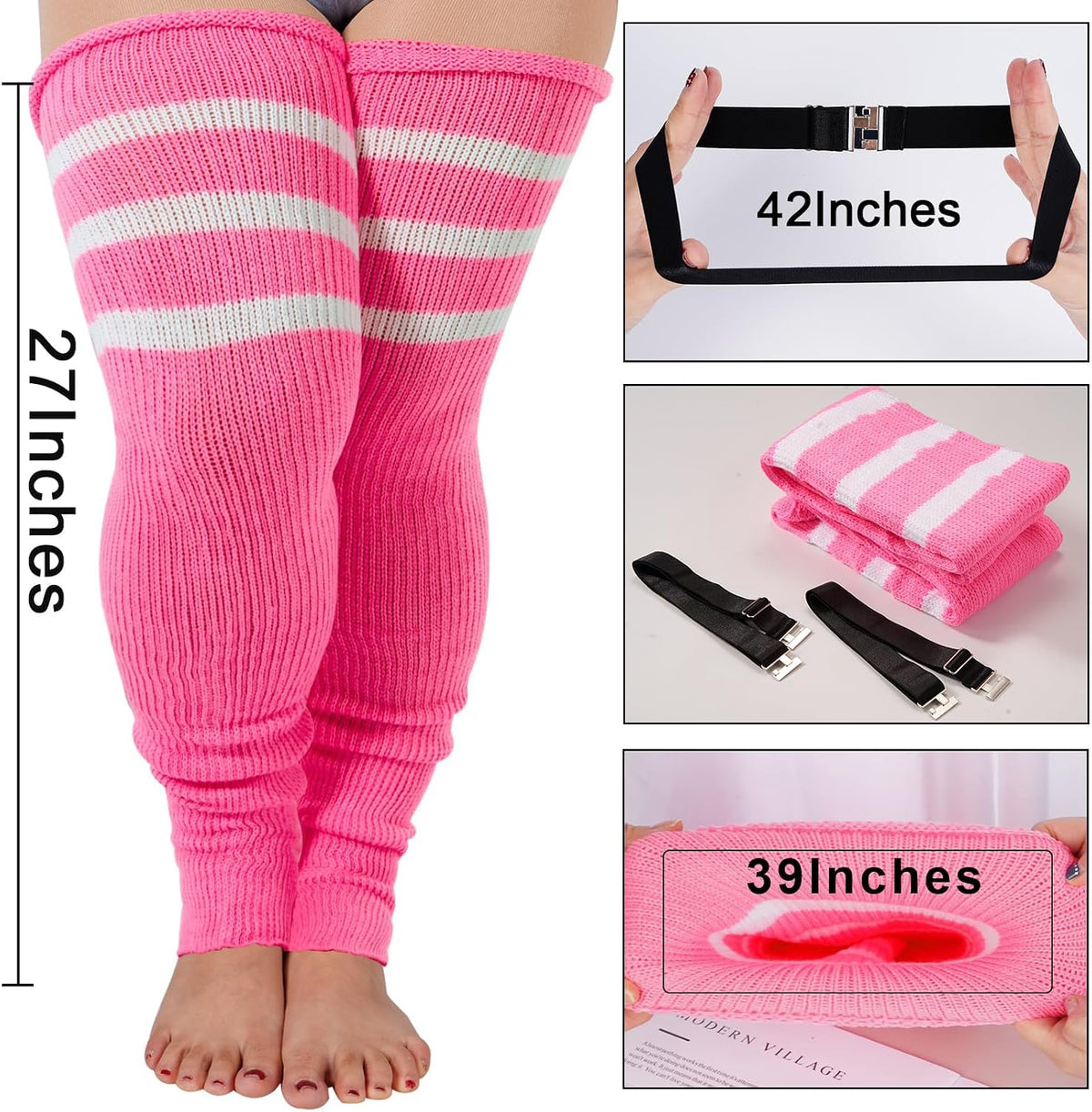 Moon Wood Plus Size Leg Warmers for Women Long Knit Over Knee - Pink & White - view 2